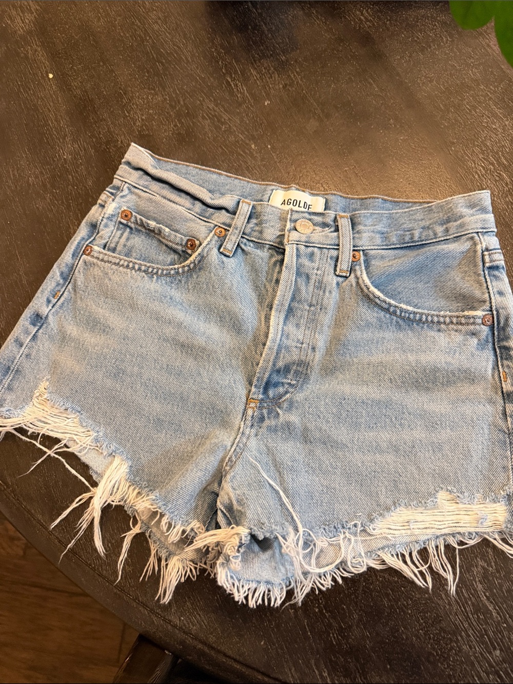 Agolde Light Wash Frayed Denim Cutoff Shorts